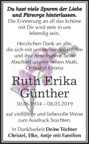 Traueranzeige von Ruth Erika von WVG - Wochenspiegel Merseburg