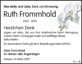 Traueranzeige von Ruth Frommhold von WVG - Wochenspiegel NMB / WSF / ZTZ