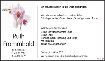Traueranzeige von Ruth Frommhold von WVG - Wochenspiegel NMB / WSF / ZTZ