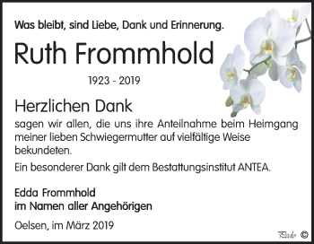 Traueranzeige von Ruth Frommhold von Mitteldeutsche Zeitung Zeitz