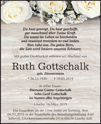 Traueranzeige von Ruth Gottschalk von Mitteldeutsche Zeitung
