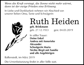 Traueranzeige von Ruth Heiden von WVG - Wochenspiegel Quedlinburg