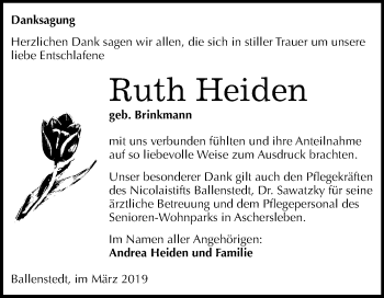 Traueranzeige von Ruth Heiden von Mitteldeutsche Zeitung Quedlinburg