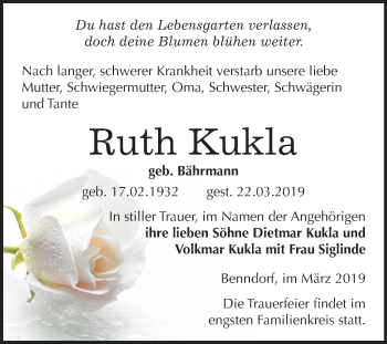 Traueranzeige von Ruth Kukla von Mitteldeutsche Zeitung