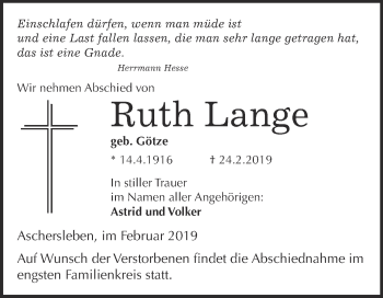 Traueranzeige von Ruth Lange von Super Sonntag Aschersleben