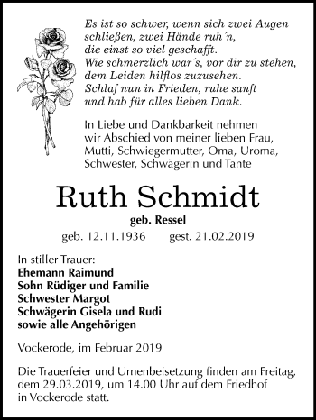 Traueranzeige von Ruth Schmidt von Mitteldeutsche Zeitung
