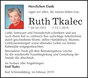 Traueranzeige von Ruth Tkalec von WVG - Wochenspiegel Wittenberg