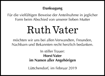 Traueranzeige von Ruth Vater von Wochenspiegel Mansfelder Land