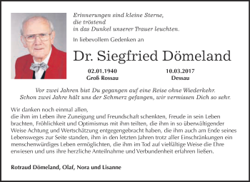 Traueranzeige von Siegfried Dömeland von WVG - Wochenspiegel Dessau / Köthen