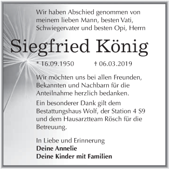 Traueranzeige von Siegfried König von WVG - Wochenspiegel NMB / WSF / ZTZ