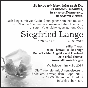 Traueranzeige von Siegfried Lange von Super Sonntag SGH Mansf. Land