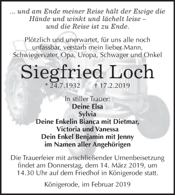 Traueranzeige von Siegfried Loch von WVG - Wochenspiegel Quedlinburg
