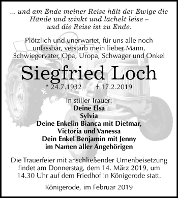 Traueranzeige von Siegfried Loch von Mitteldeutsche Zeitung Quedlinburg