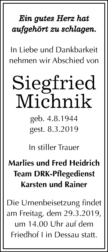 Traueranzeige von Siegfried Michnik von Mitteldeutsche Zeitung