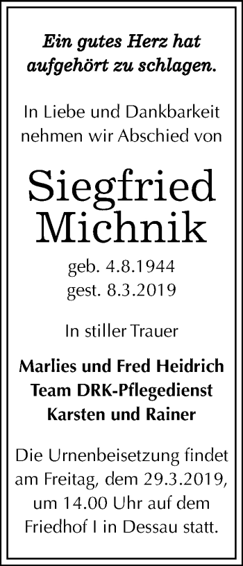 Traueranzeige von Siegfried Michnik von WVG - Wochenspiegel Dessau / Köthen