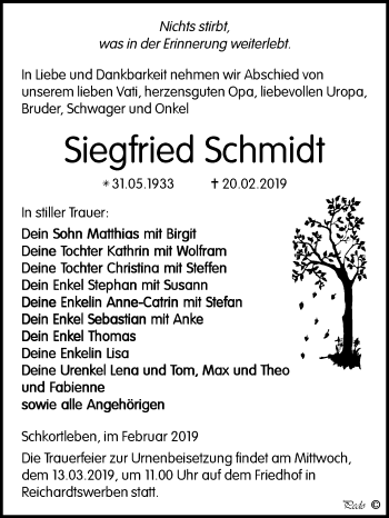 Traueranzeige von Siegfried Schmidt von WVG - Wochenspiegel NMB / WSF / ZTZ