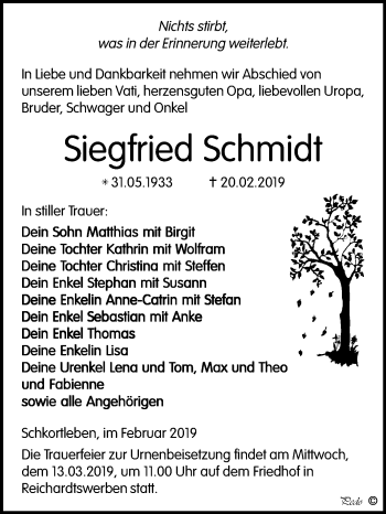 Traueranzeige von Siegfried Schmidt von Mitteldeutsche Zeitung Weißenfels