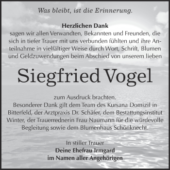 Traueranzeige von Siegfried Vogel von WVG - Wochenspiegel Bitterfeld