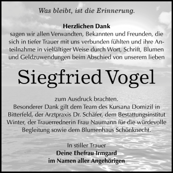 Traueranzeige von Siegfried Vogel von Mitteldeutsche Zeitung Bitterfeld