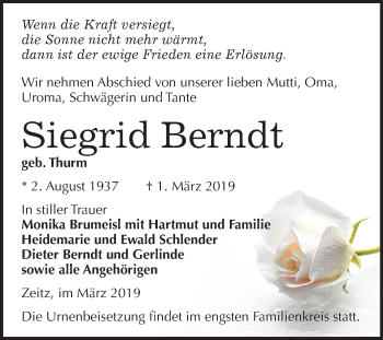 Traueranzeige von Siegrid Berndt von Mitteldeutsche Zeitung
