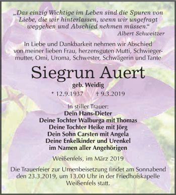 Traueranzeige von Siegrun Auert von WVG - Wochenspiegel NMB / WSF / ZTZ