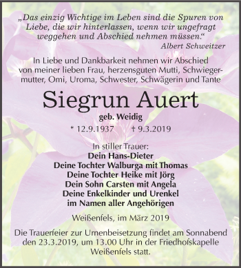 Traueranzeige von Siegrun Auert von Mitteldeutsche Zeitung Weißenfels