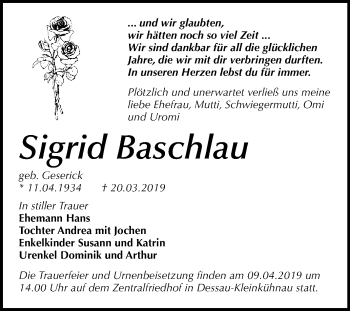 Traueranzeige von Sigrid Baschlau von WVG - Wochenspiegel Dessau / Köthen