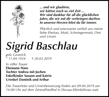Traueranzeige von Sigrid Baschlau von Mitteldeutsche Zeitung Dessau-Roßlau