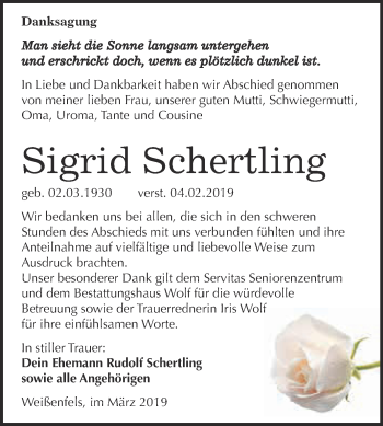 Traueranzeige von Sigrid Schertling von WVG - Wochenspiegel NMB / WSF / ZTZ