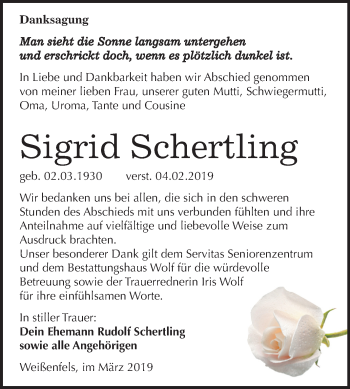 Traueranzeige von Sigrid Schertling von Mitteldeutsche Zeitung Weißenfels