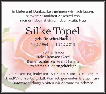 Traueranzeige von Silke Töpel von WVG - Wochenspiegel NMB / WSF / ZTZ