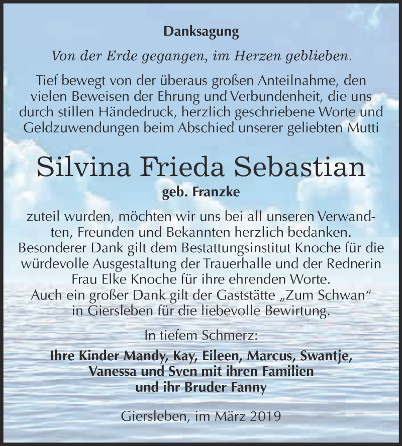  Traueranzeige für Silvina Frieda Sebastian vom 04.03.2019 aus Super Sonntag Aschersleben