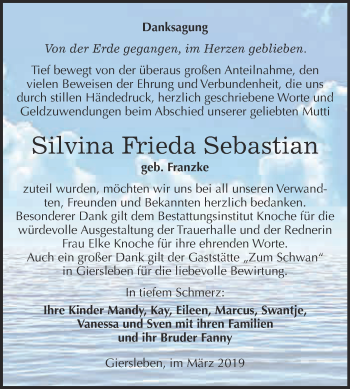 Traueranzeige von Silvina Frieda Sebastian von Super Sonntag Aschersleben