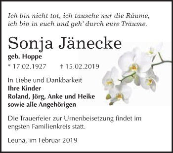 Traueranzeige von Sonja Jänecke von WVG - Wochenspiegel Merseburg