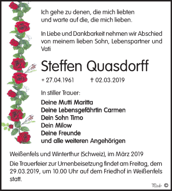 Traueranzeige von Steffen Quasdorff von Mitteldeutsche Zeitung Weißenfels