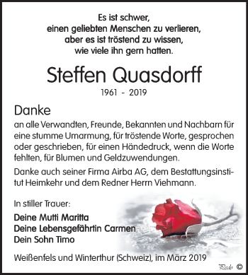 Traueranzeige von Steffen Quasdorff von Mitteldeutsche Zeitung Weißenfels