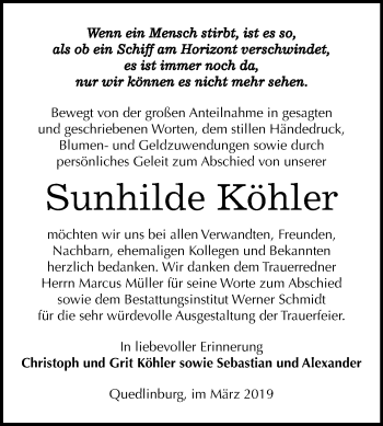 Traueranzeige von Sunhilde Köhler von WVG - Wochenspiegel Quedlinburg