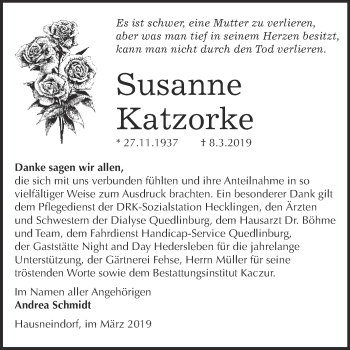Traueranzeige von Susanne Katzorke von WVG - Wochenspiegel Quedlinburg