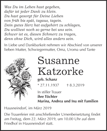 Traueranzeige von Susanne Katzorke von WVG - Wochenspiegel Quedlinburg