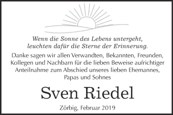Traueranzeige von Sven Riedel von WVG - Wochenspiegel Bitterfeld