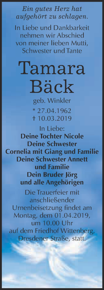 Traueranzeige von Tamara Bäck von WVG - Wochenspiegel Wittenberg