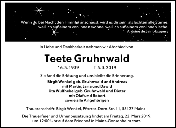 Traueranzeige von Teete Gruhnwald von Mitteldeutsche Zeitung