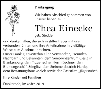 Traueranzeige von Thea Einecke von WVG - Wochenspiegel Quedlinburg