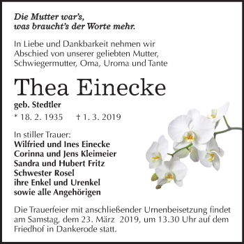 Traueranzeige von Thea Einecke von Mitteldeutsche Zeitung Quedlinburg