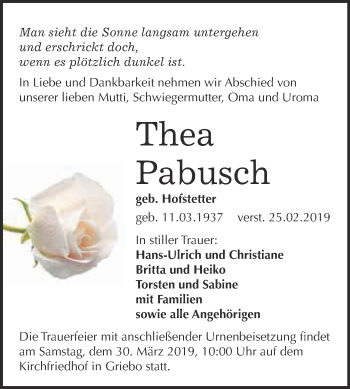 Traueranzeige von Thea Pabusch von Super Sonntag Wittenberg