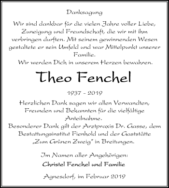 Traueranzeige von Theo Fenchel von Mitteldeutsche Zeitung Sangerhausen