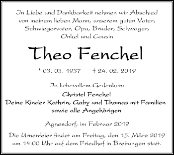 Traueranzeige von Theo Fenchel von Mitteldeutsche Zeitung Sangerhausen