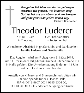 Traueranzeige von Theodor Luderer von Mitteldeutsche Zeitung