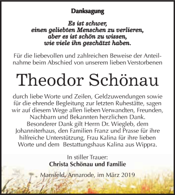 Traueranzeige von Theodor Schönau von Super Sonntag SGH Mansf. Land
