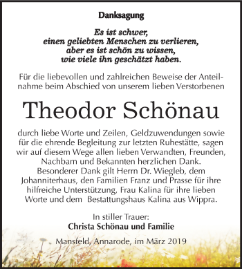 Traueranzeige von Theodor Schönau von Mitteldeutsche Zeitung Mansfelder Land